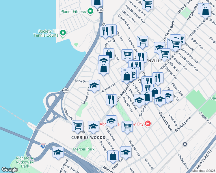 map of restaurants, bars, coffee shops, grocery stores, and more near 210 Bartholdi Avenue in Jersey City