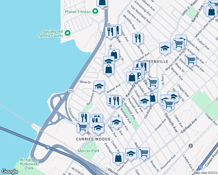 map of restaurants, bars, coffee shops, grocery stores, and more near 330 Winfield Avenue in Jersey City
