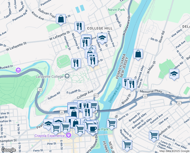 map of restaurants, bars, coffee shops, grocery stores, and more near 512 March Street in Easton