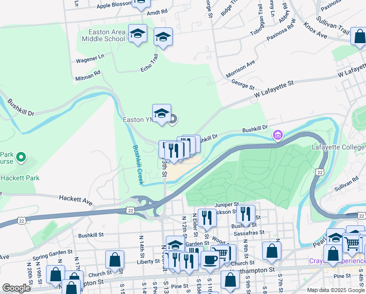 map of restaurants, bars, coffee shops, grocery stores, and more near 1275 Bushkill Drive in Easton