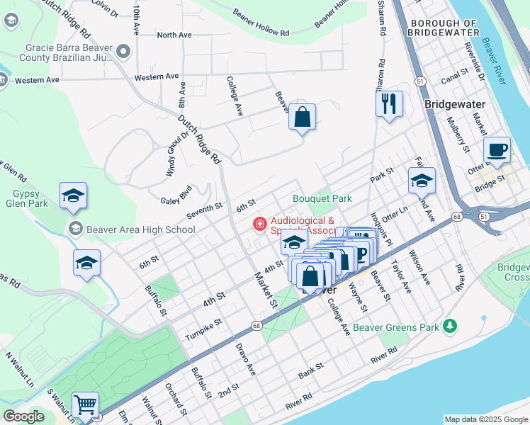 map of restaurants, bars, coffee shops, grocery stores, and more near 646 6th Street in Beaver