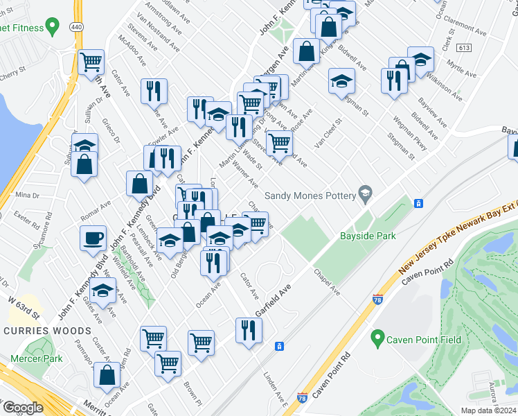 map of restaurants, bars, coffee shops, grocery stores, and more near 300 Chapel Avenue in Jersey City