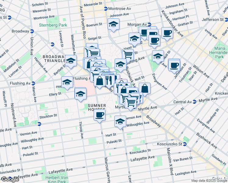 map of restaurants, bars, coffee shops, grocery stores, and more near Broadway & Park Avenue in Brooklyn