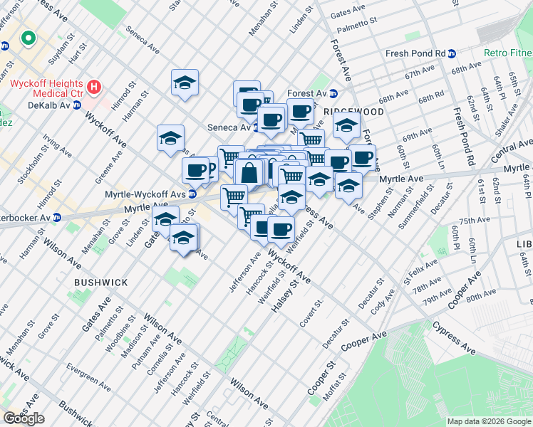 map of restaurants, bars, coffee shops, grocery stores, and more near in Queens