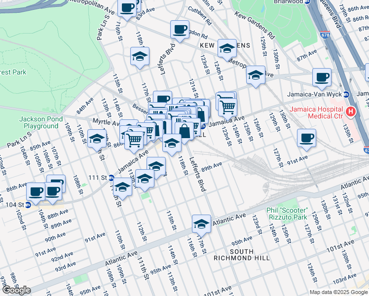 map of restaurants, bars, coffee shops, grocery stores, and more near 87-36 Lefferts Boulevard in Queens