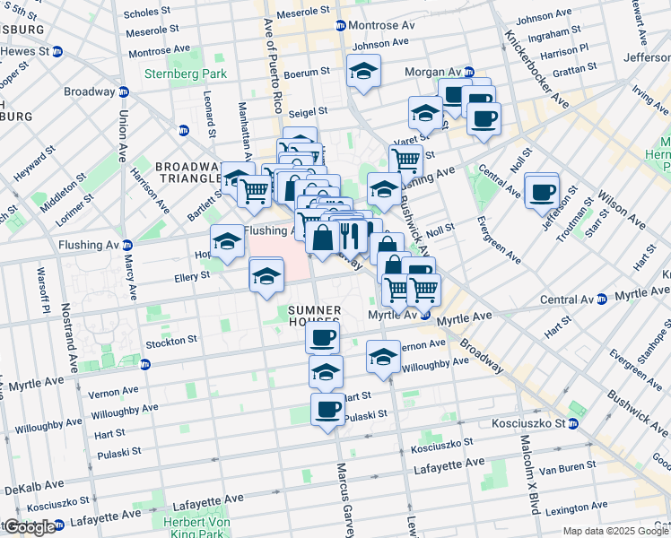 map of restaurants, bars, coffee shops, grocery stores, and more near 823 Broadway in Brooklyn