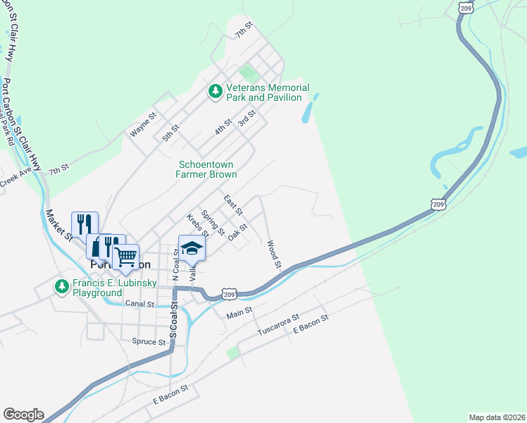 map of restaurants, bars, coffee shops, grocery stores, and more near 19 Wood Street in Port Carbon