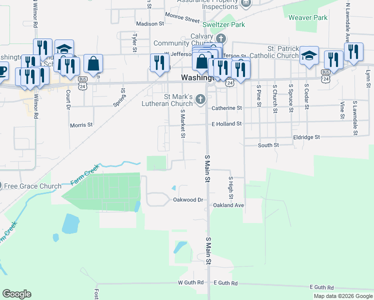 map of restaurants, bars, coffee shops, grocery stores, and more near 392-472 South Market Street in Washington