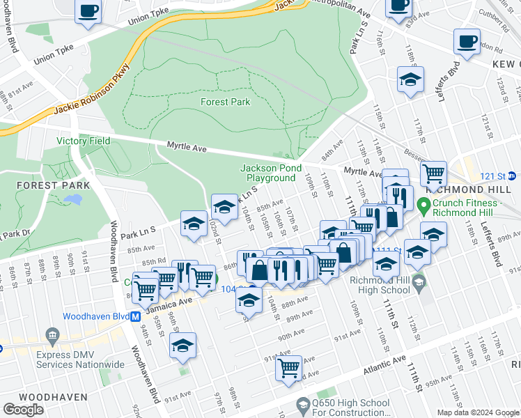 map of restaurants, bars, coffee shops, grocery stores, and more near 85th Avenue in Queens