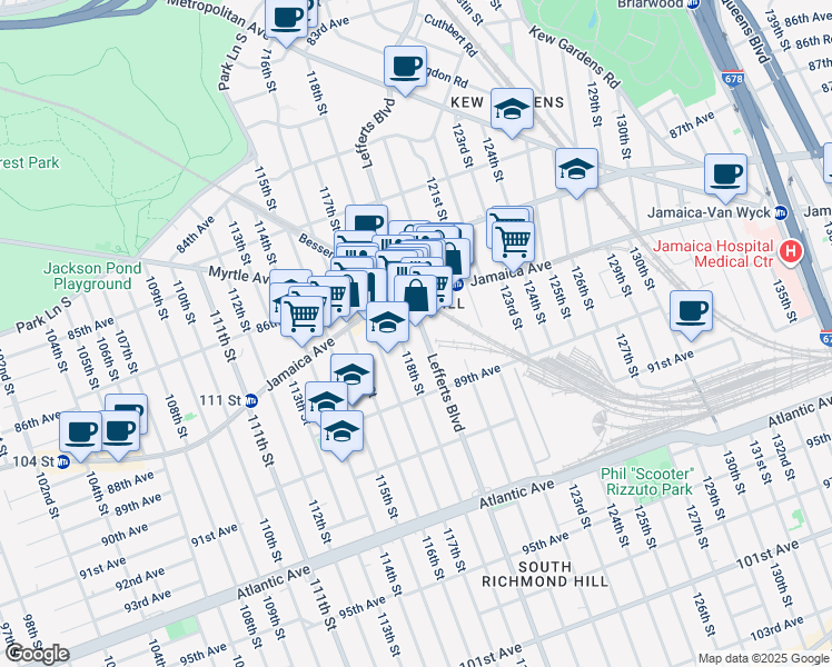 map of restaurants, bars, coffee shops, grocery stores, and more near 87-36 Lefferts Boulevard in Queens