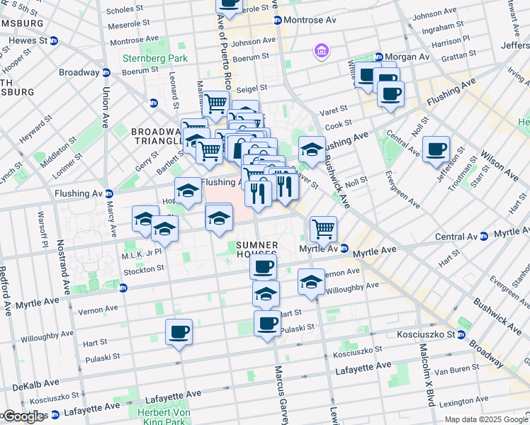 map of restaurants, bars, coffee shops, grocery stores, and more near 861 Park Avenue in Brooklyn