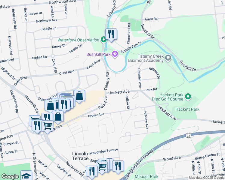 map of restaurants, bars, coffee shops, grocery stores, and more near 2225 Hackett Avenue in Easton