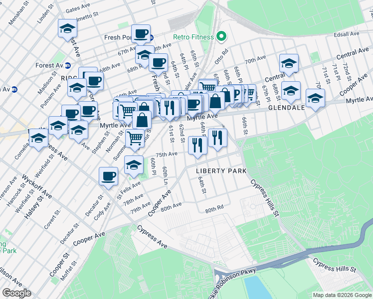 map of restaurants, bars, coffee shops, grocery stores, and more near 74-23 62nd Street in Queens