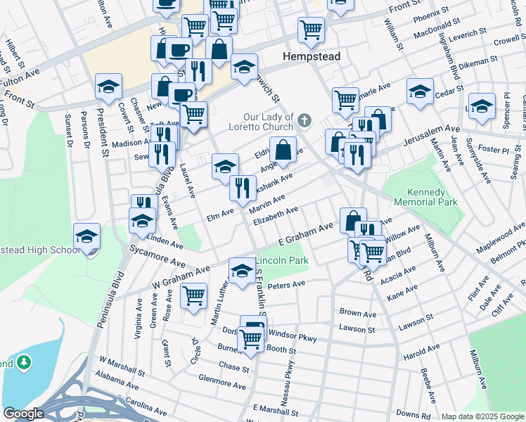 map of restaurants, bars, coffee shops, grocery stores, and more near 49 Marvin Avenue in Hempstead