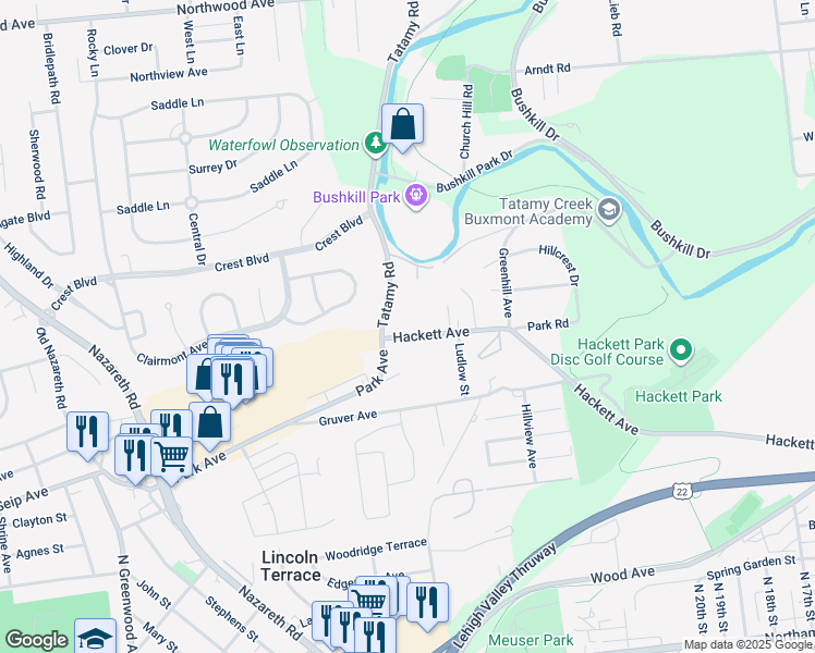 map of restaurants, bars, coffee shops, grocery stores, and more near 2225 Hackett Avenue in Easton
