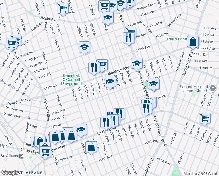 map of restaurants, bars, coffee shops, grocery stores, and more near 201-15 115th Avenue in Queens
