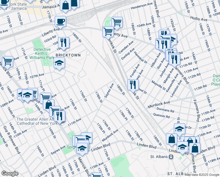 map of restaurants, bars, coffee shops, grocery stores, and more near 110-11 110th Avenue in Queens