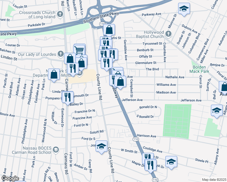 map of restaurants, bars, coffee shops, grocery stores, and more near 700 Broadway in Amityville