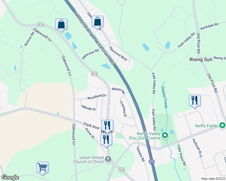 map of restaurants, bars, coffee shops, grocery stores, and more near 5811 Manor Road in Schnecksville