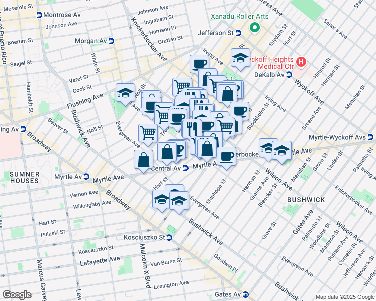 map of restaurants, bars, coffee shops, grocery stores, and more near 166 Central Avenue in Brooklyn