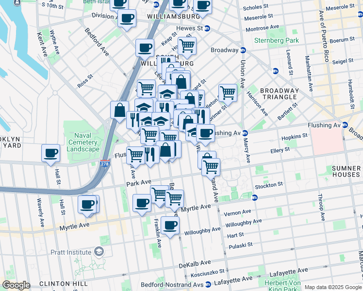 map of restaurants, bars, coffee shops, grocery stores, and more near 178 Wallabout Street in Brooklyn