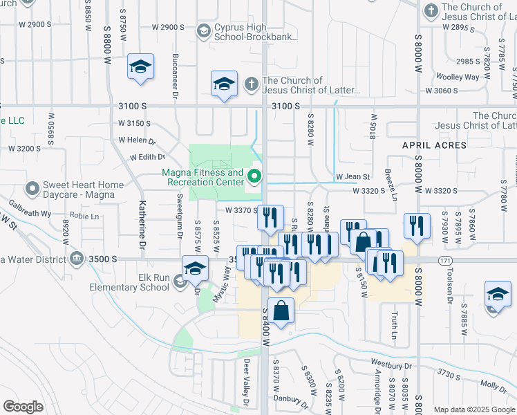 map of restaurants, bars, coffee shops, grocery stores, and more near 8416 West 3370 South in Magna