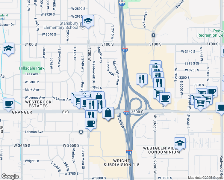 map of restaurants, bars, coffee shops, grocery stores, and more near 2531 3360 South in West Valley City