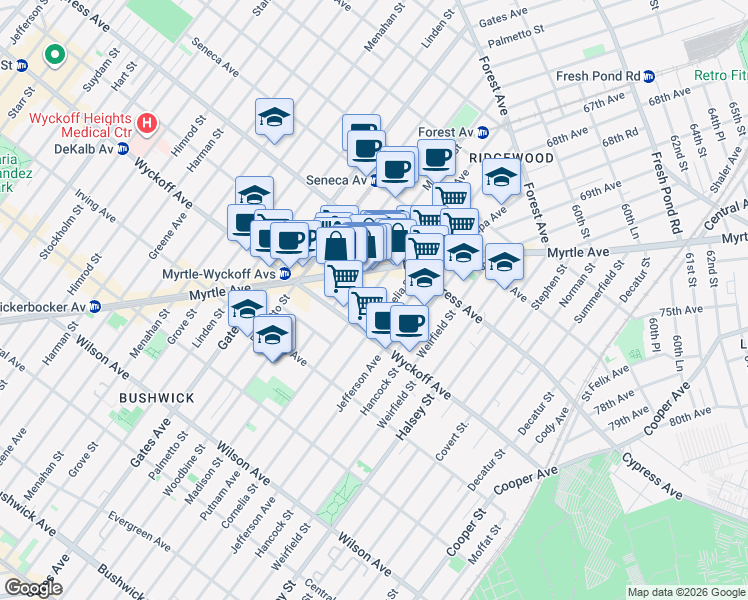 map of restaurants, bars, coffee shops, grocery stores, and more near 1636 Putnam Avenue in Queens