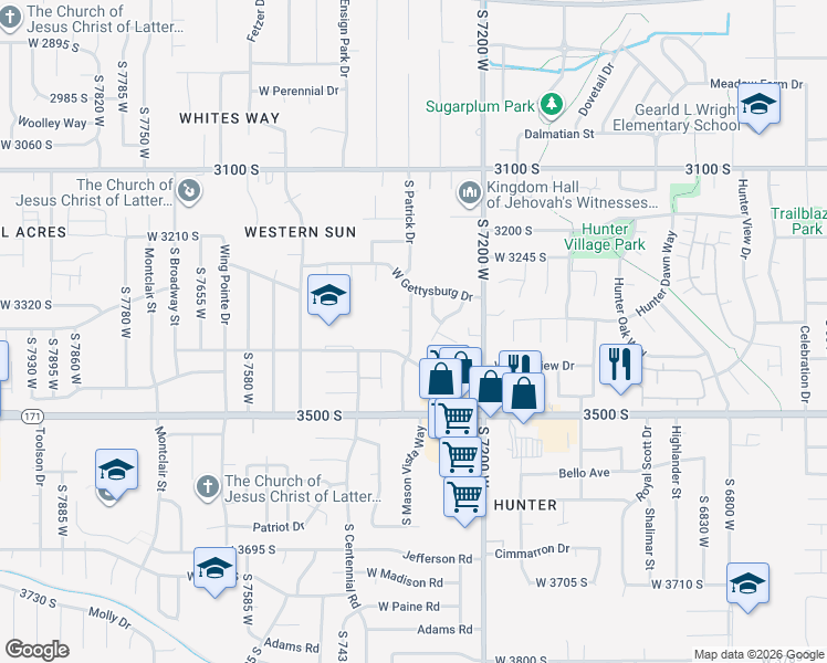 map of restaurants, bars, coffee shops, grocery stores, and more near 3369 South Patrick Drive in Magna