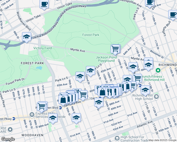 map of restaurants, bars, coffee shops, grocery stores, and more near 116-14 Park Lane South in Queens