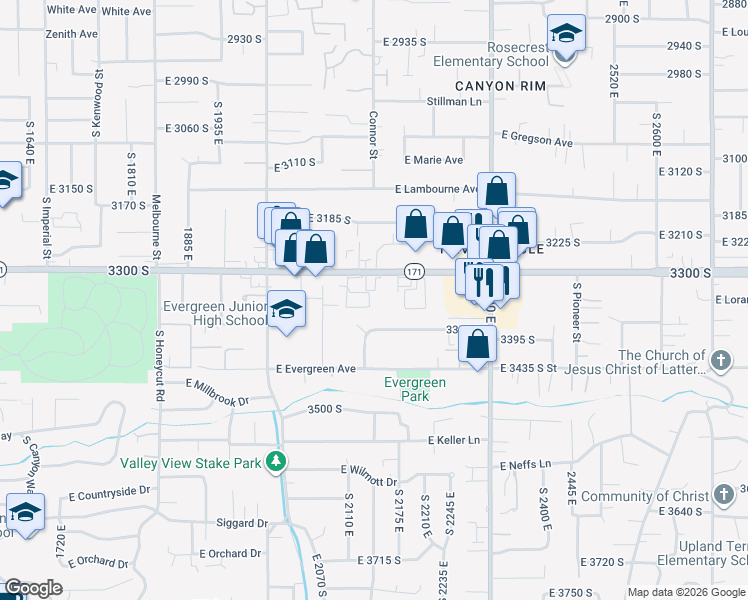 map of restaurants, bars, coffee shops, grocery stores, and more near 3343 South Georgetown Square West in Salt Lake City