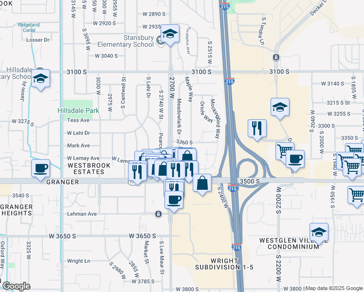 map of restaurants, bars, coffee shops, grocery stores, and more near 3375 Meadowlark Drive in West Valley City