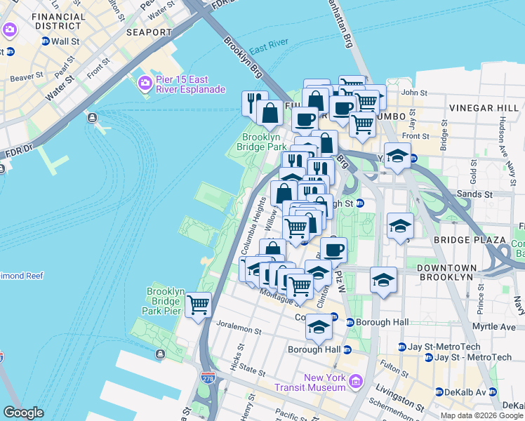 map of restaurants, bars, coffee shops, grocery stores, and more near 5 Pineapple Street in Brooklyn