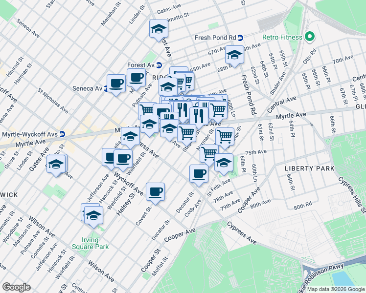 map of restaurants, bars, coffee shops, grocery stores, and more near 18-23 Stephen Street in Queens