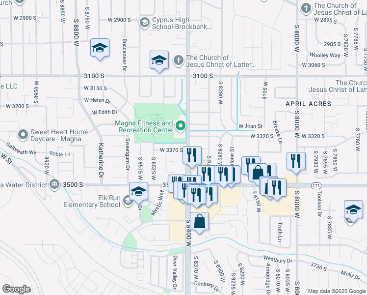 map of restaurants, bars, coffee shops, grocery stores, and more near 8416 West 3370 South in Magna