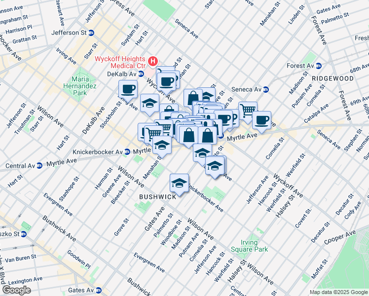 map of restaurants, bars, coffee shops, grocery stores, and more near 320 Irving Avenue in Brooklyn