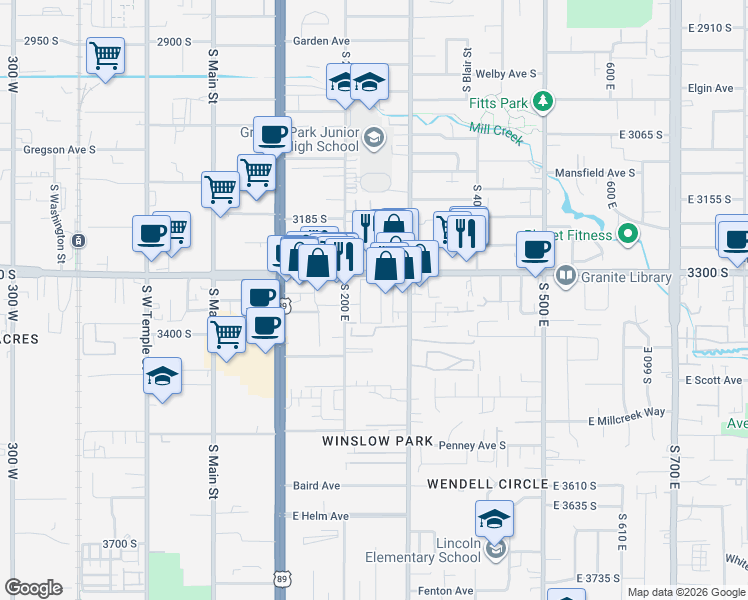 map of restaurants, bars, coffee shops, grocery stores, and more near 220 East 3300 South in Salt Lake City
