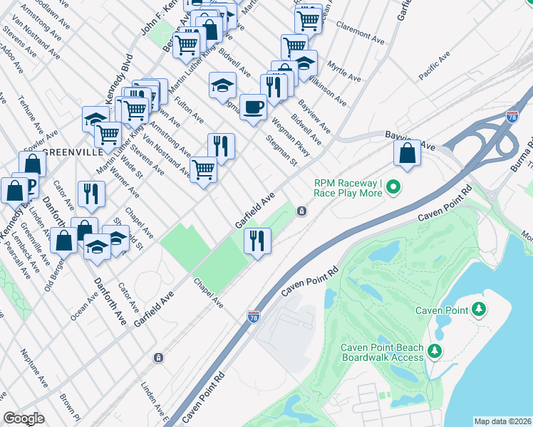 map of restaurants, bars, coffee shops, grocery stores, and more near 538 Garfield Avenue in Jersey City
