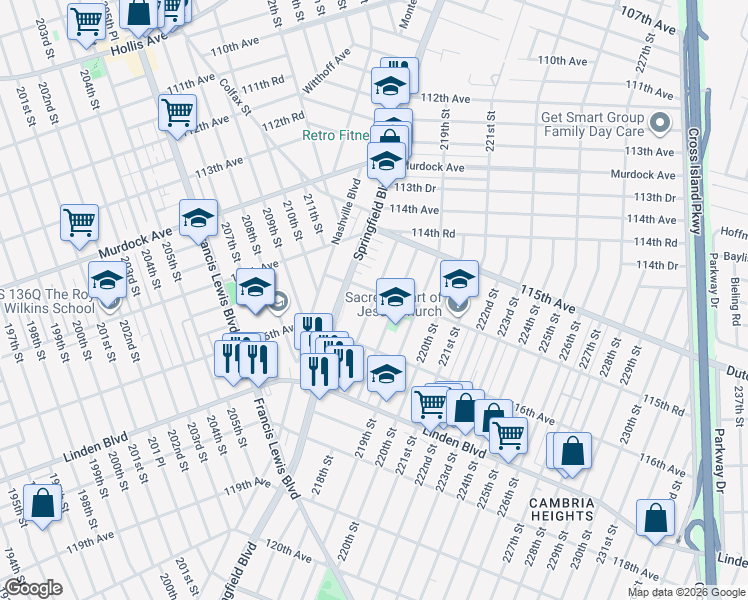 map of restaurants, bars, coffee shops, grocery stores, and more near 216-09 115th Road in Queens
