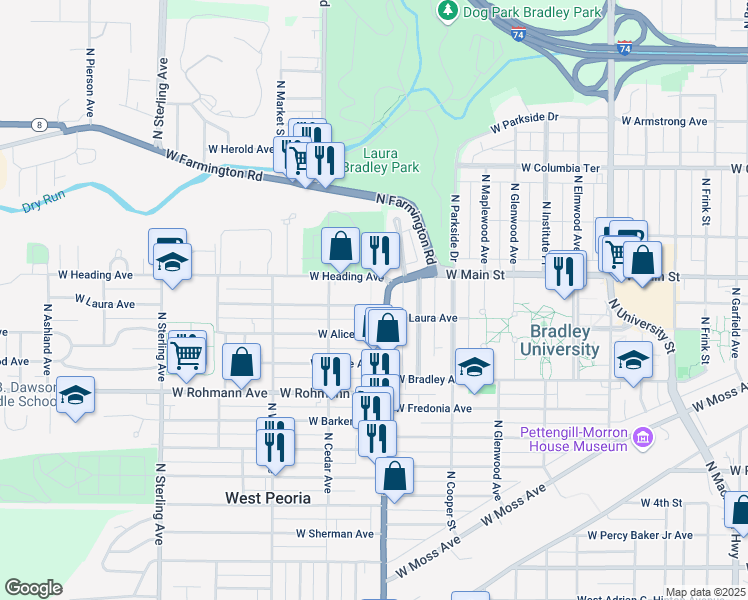 map of restaurants, bars, coffee shops, grocery stores, and more near 1911 West Laura Avenue in West Peoria