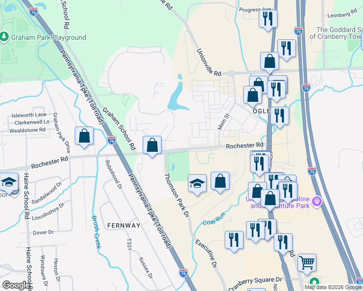 map of restaurants, bars, coffee shops, grocery stores, and more near 401 Collingwood Court in Cranberry Township