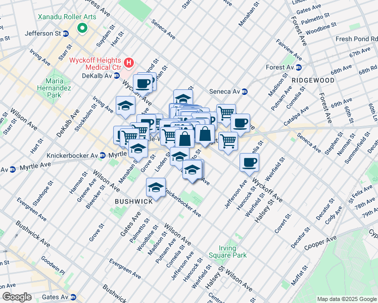 map of restaurants, bars, coffee shops, grocery stores, and more near 1550 Gates Avenue in Brooklyn