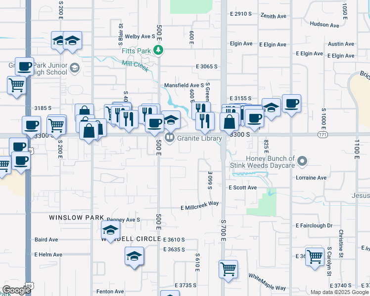 map of restaurants, bars, coffee shops, grocery stores, and more near 606 East 3300 South in South Salt Lake