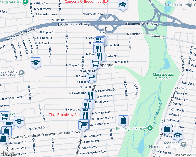 map of restaurants, bars, coffee shops, grocery stores, and more near 894 North Broadway in Massapequa
