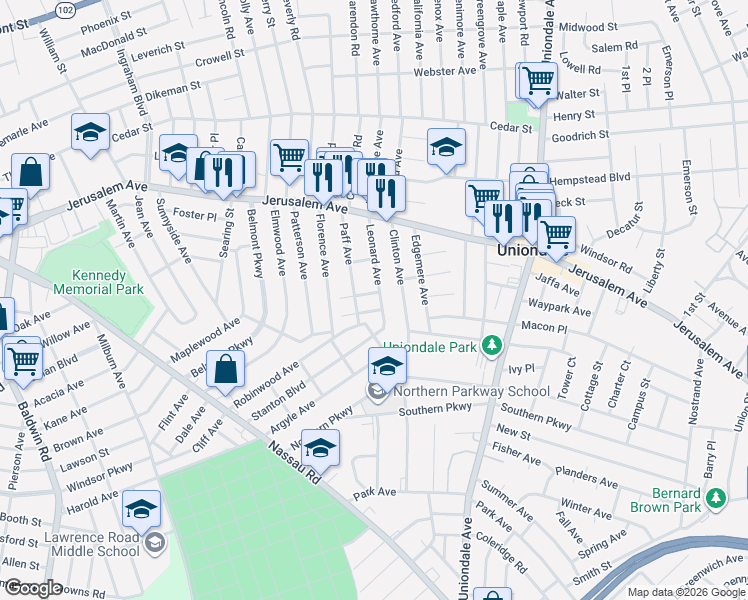 map of restaurants, bars, coffee shops, grocery stores, and more near 615 Paff Avenue in Uniondale