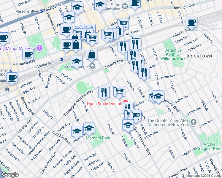 map of restaurants, bars, coffee shops, grocery stores, and more near 16208 Tuskegee Airmen Way in Queens