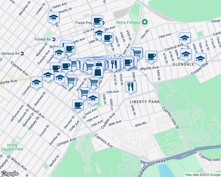 map of restaurants, bars, coffee shops, grocery stores, and more near 72-44 61st Street in Queens