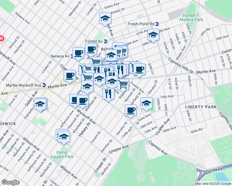 map of restaurants, bars, coffee shops, grocery stores, and more near 979 Seneca Avenue in Queens