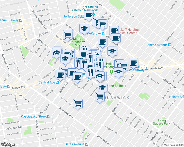 map of restaurants, bars, coffee shops, grocery stores, and more near 180 Stanhope Street in Brooklyn