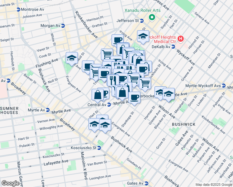 map of restaurants, bars, coffee shops, grocery stores, and more near 172 Suydam Street in Brooklyn